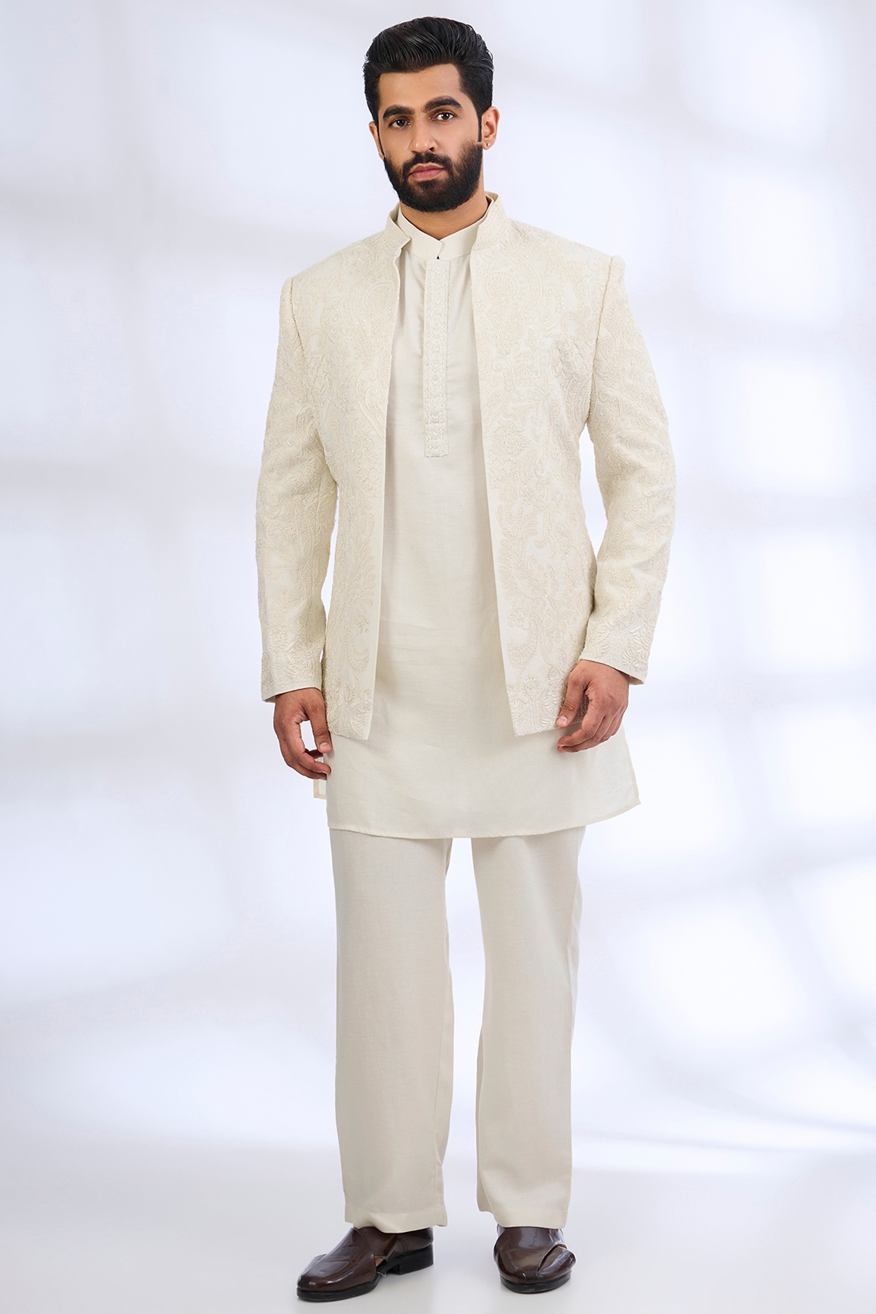 AMIT ARORA Ivory Silk Indowestern Set