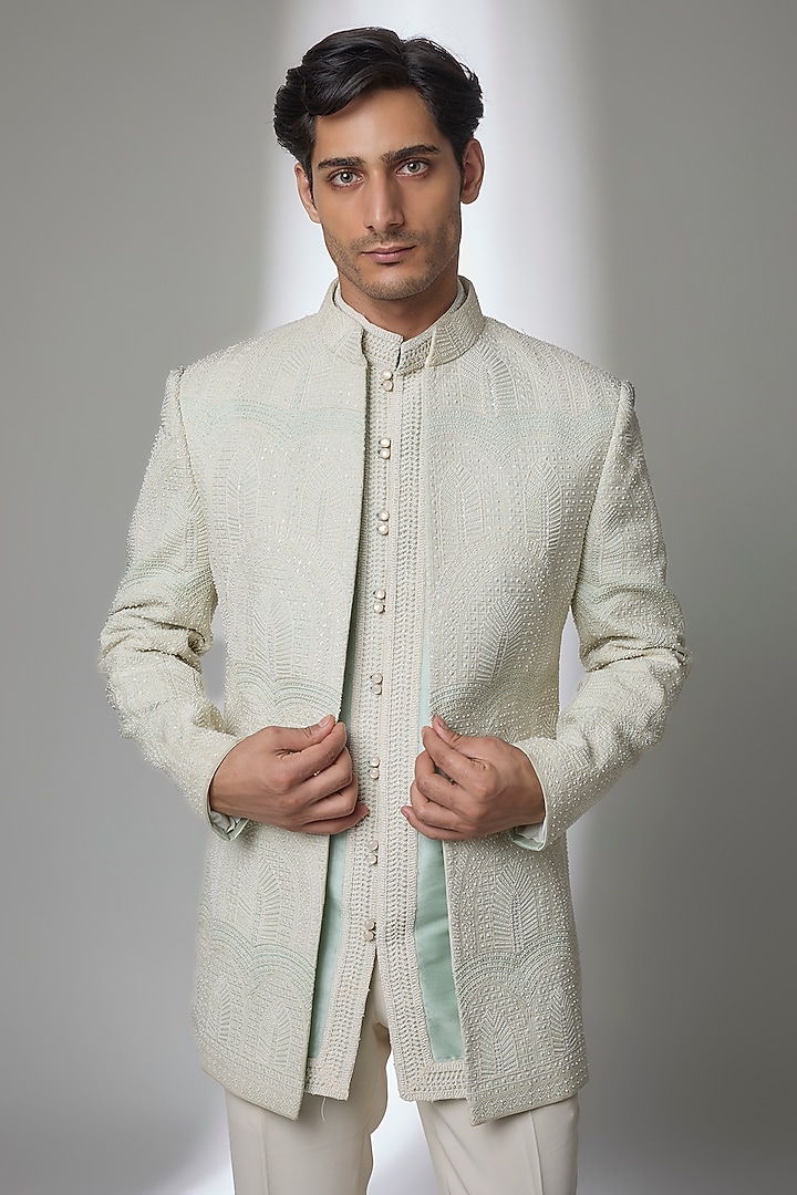 Mint Green Silk Wedding Indowestern Set by AMIT ARORA at Pernia's Pop Up Shop