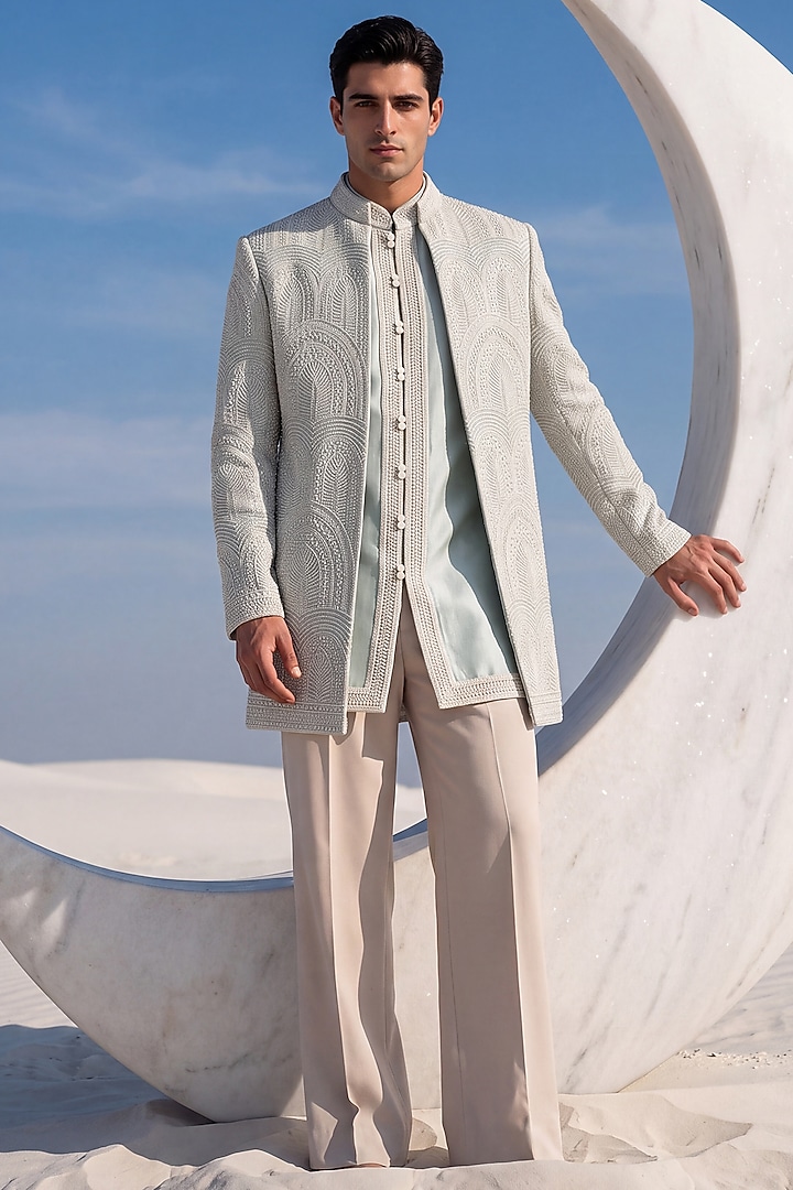 Teal Green Knit Wedding Indowestern Set by AMIT ARORA at Pernia's Pop Up Shop