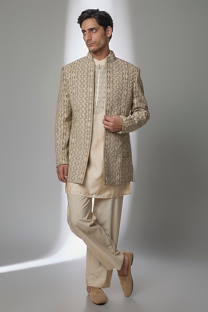 Light Olive Silk Wedding Indowestern Set by AMIT ARORA at Pernia's Pop Up Shop