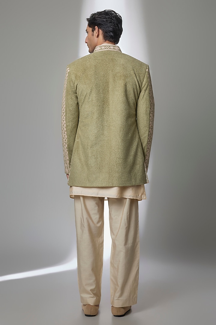 Light Olive Silk Wedding Indowestern Set by AMIT ARORA at Pernia's Pop Up Shop