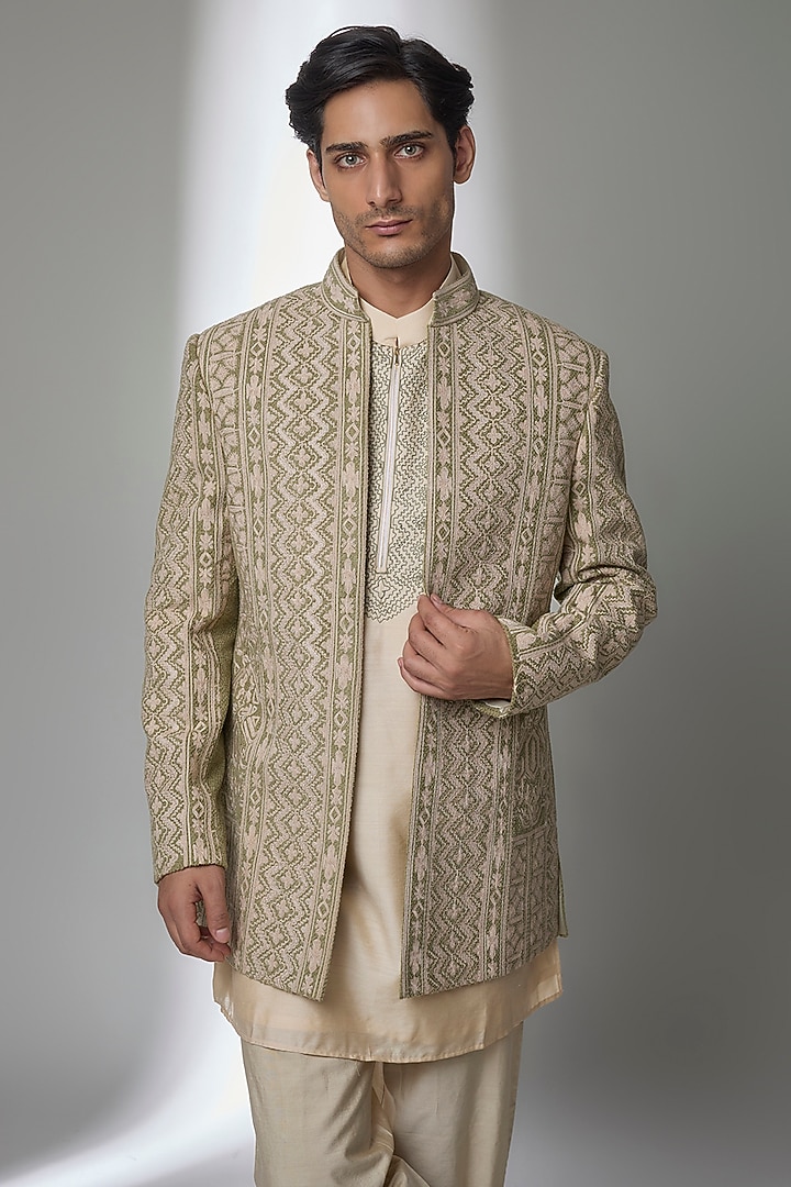 Light Olive Silk Wedding Indowestern Set by AMIT ARORA at Pernia's Pop Up Shop