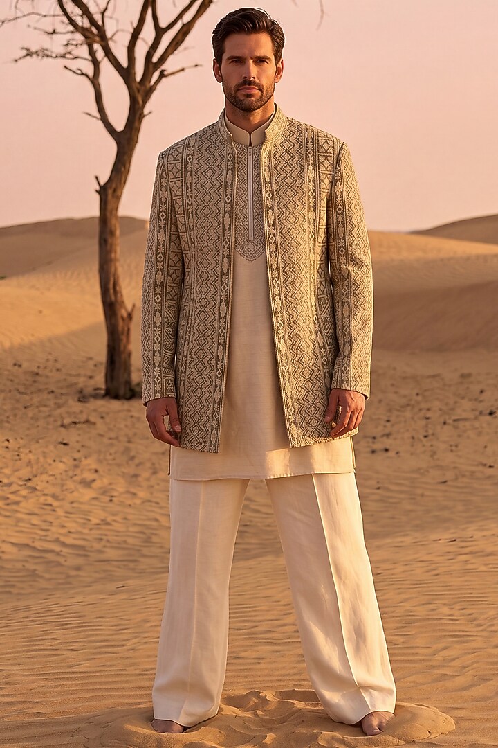 Olive Green Rayon Dori Embroidered Textured Wedding Indowestern Set by AMIT ARORA at Pernia's Pop Up Shop
