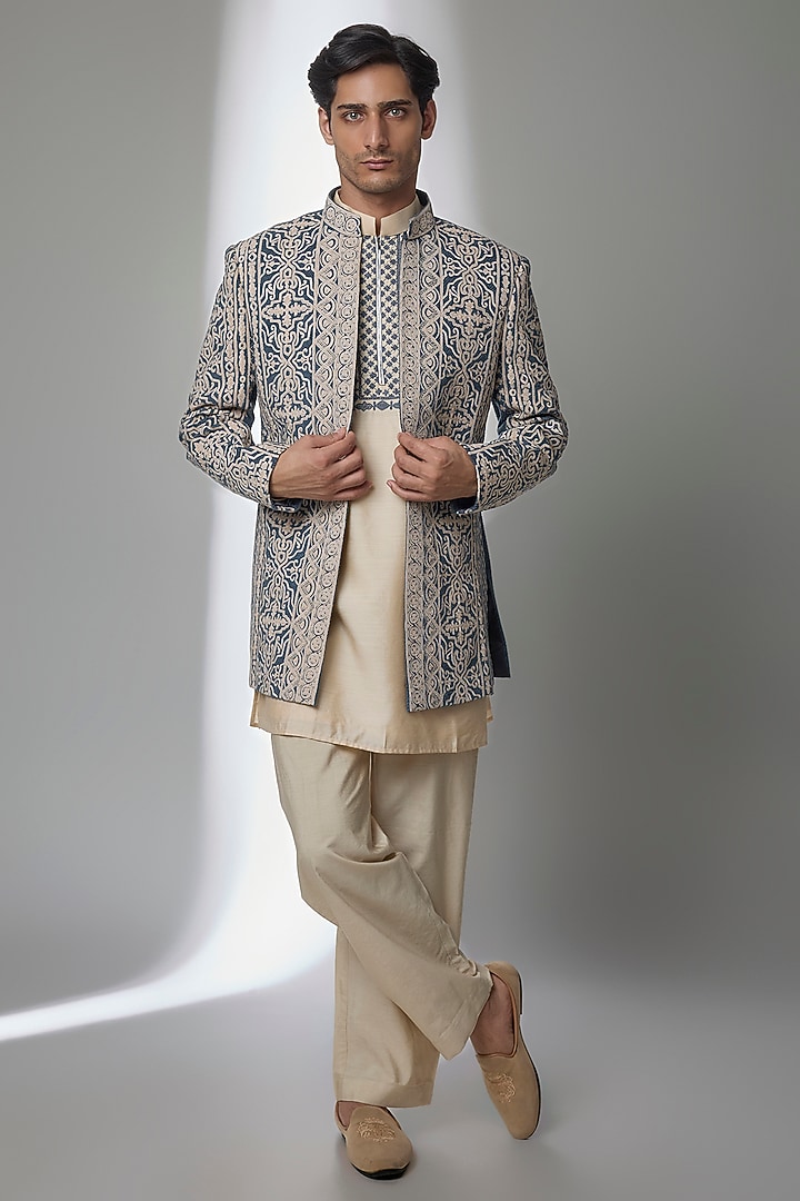 Turquoise Silk Wedding Indowestern Set by AMIT ARORA at Pernia's Pop Up Shop