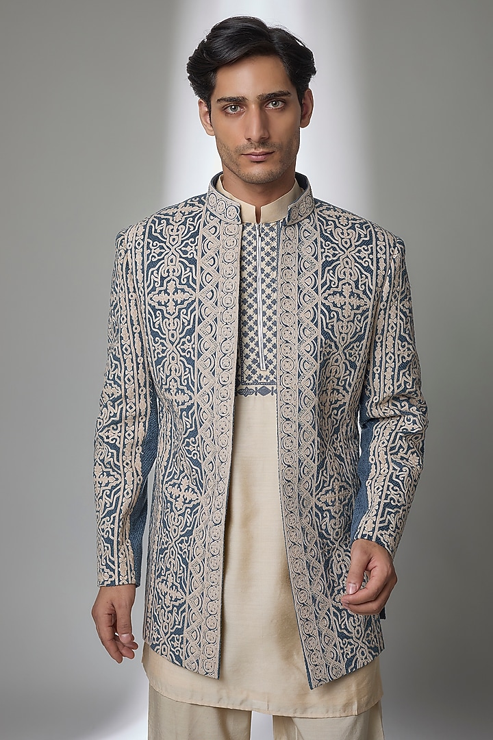 Turquoise Silk Wedding Indowestern Set by AMIT ARORA at Pernia's Pop Up Shop