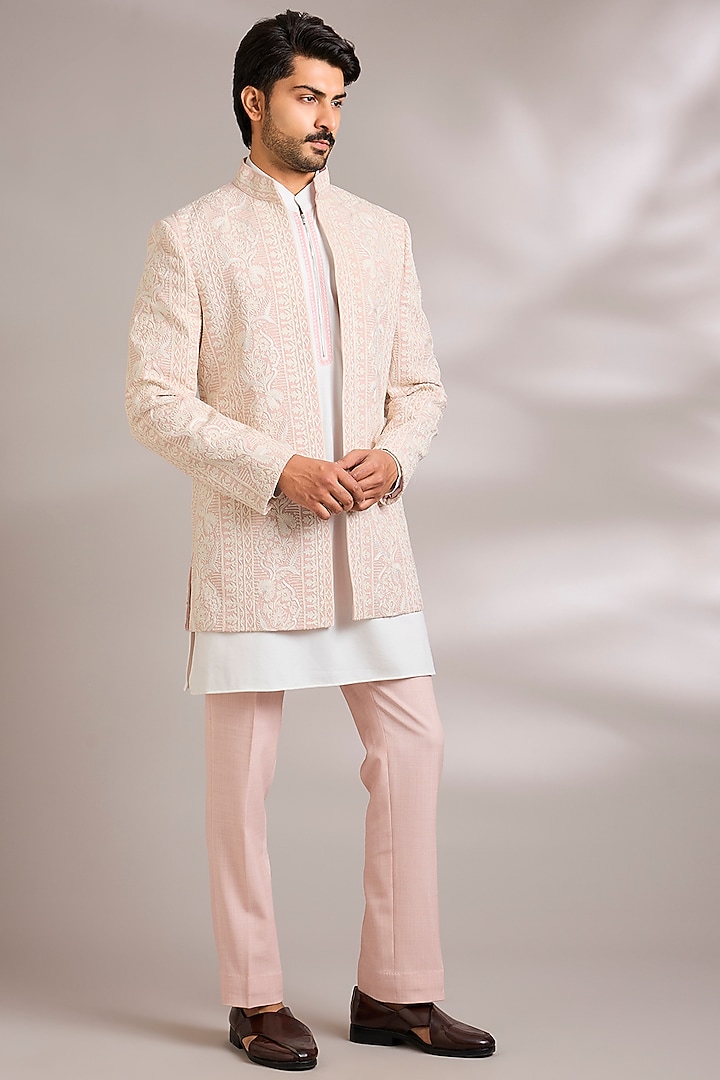 Baby Pink Twill Knit Embroidered Groom Indowestern Set by AMIT ARORA at Pernia's Pop Up Shop