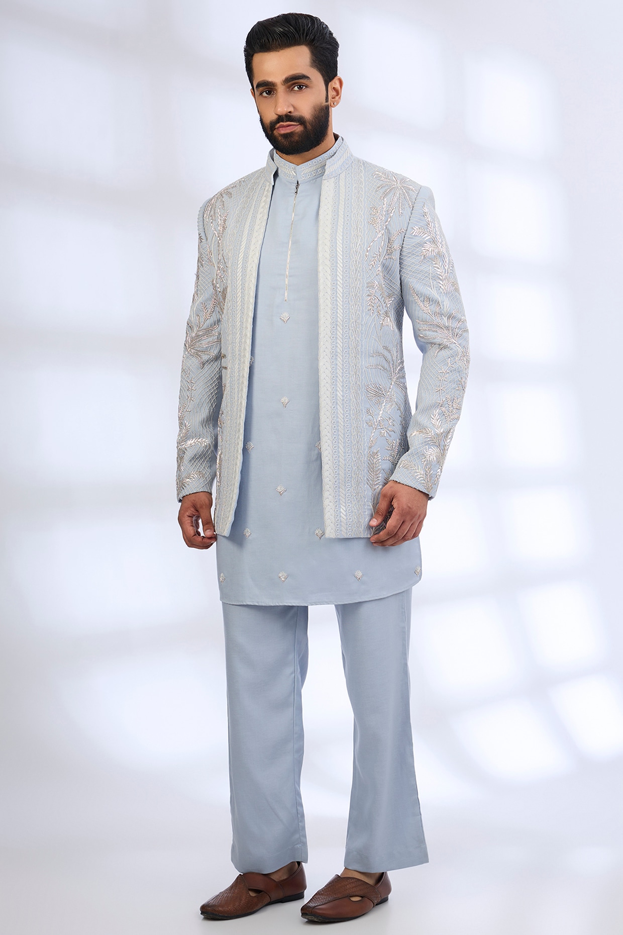 AMIT ARORA Powder Blue Silk Indowestern Set