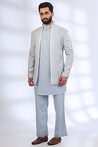 Powder Blue Silk Indowestern Set by AMIT ARORA