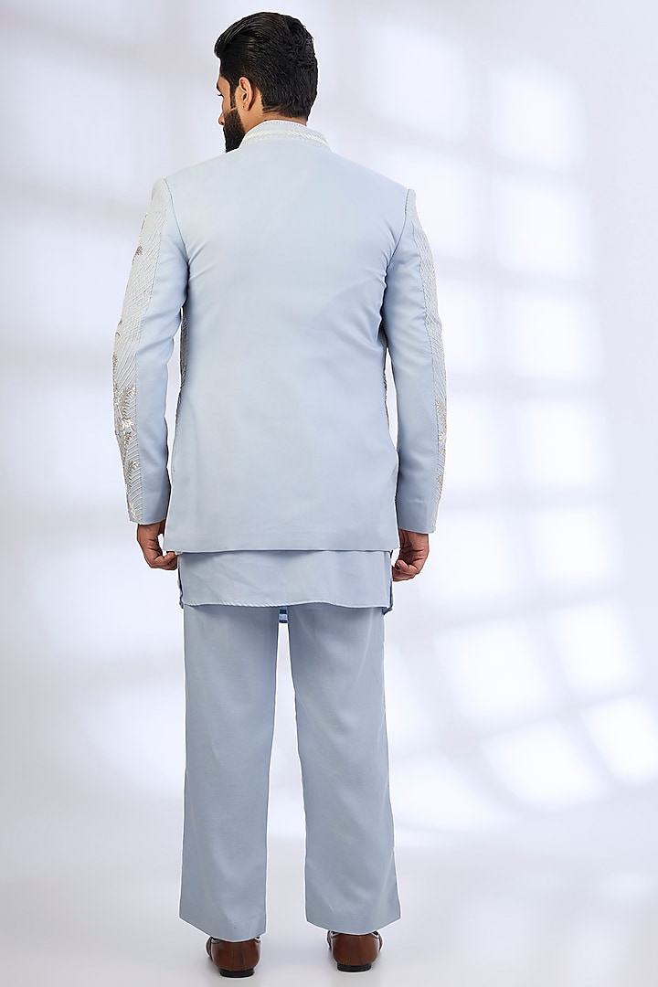 Powder Blue Silk Groom Indowestern Set by AMIT ARORA at Pernia's Pop Up Shop