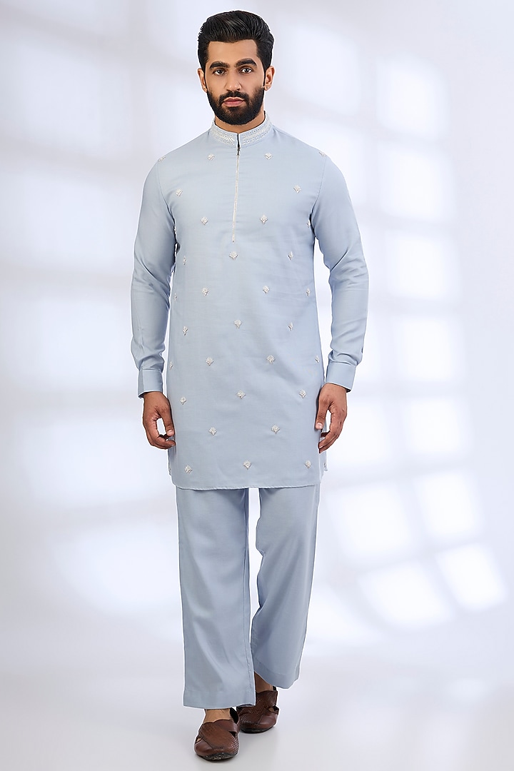 Powder Blue Silk Groom Indowestern Set by AMIT ARORA at Pernia's Pop Up Shop