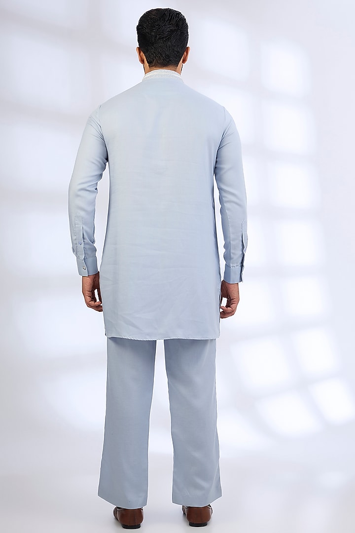 Powder Blue Silk Groom Indowestern Set by AMIT ARORA at Pernia's Pop Up Shop
