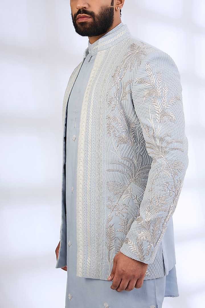Powder Blue Silk Groom Indowestern Set by AMIT ARORA at Pernia's Pop Up Shop
