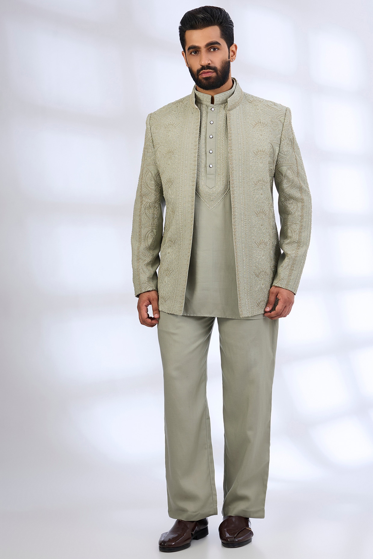 AMIT ARORA Sage Green Silk Indowestern Set