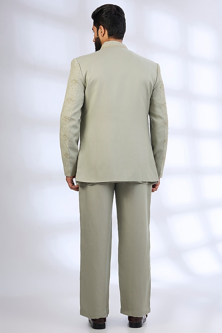 Sage Green Linen Rayon Silk Embroidered Textured Groom Indowestern Set by AMIT ARORA at Pernia's Pop Up Shop