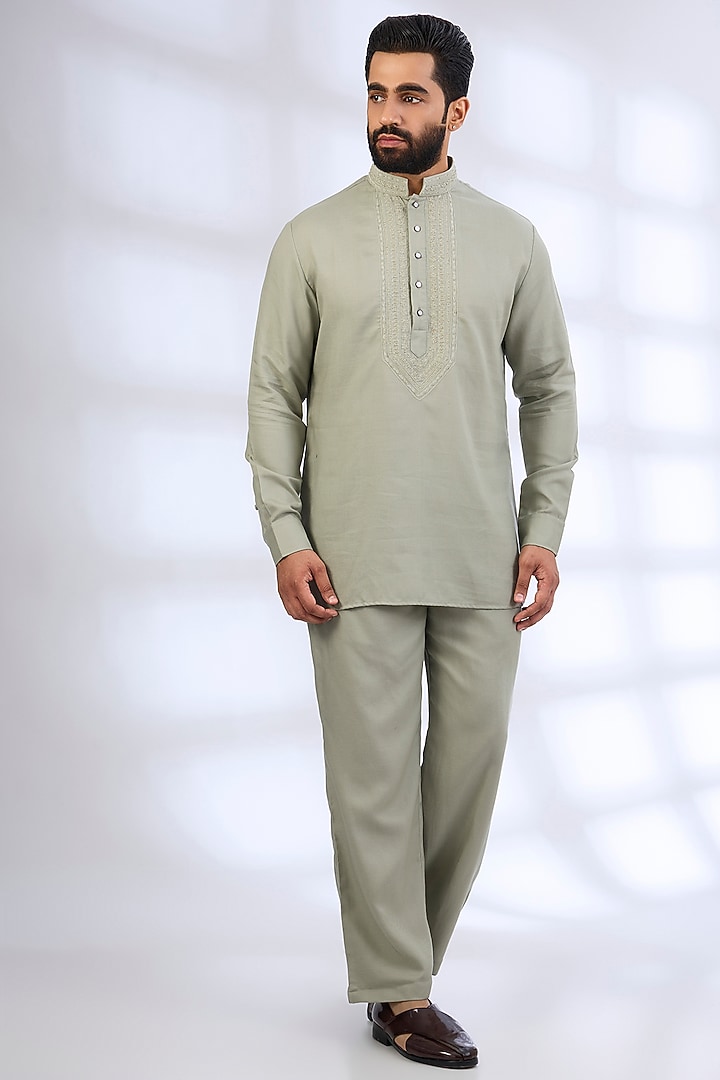 Sage Green Silk Groom Indowestern Set by AMIT ARORA at Pernia's Pop Up Shop