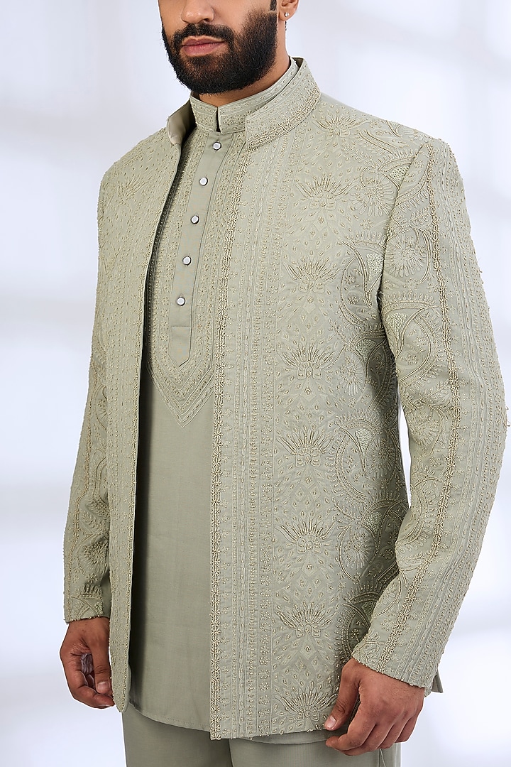 Sage Green Silk Groom Indowestern Set by AMIT ARORA at Pernia's Pop Up Shop