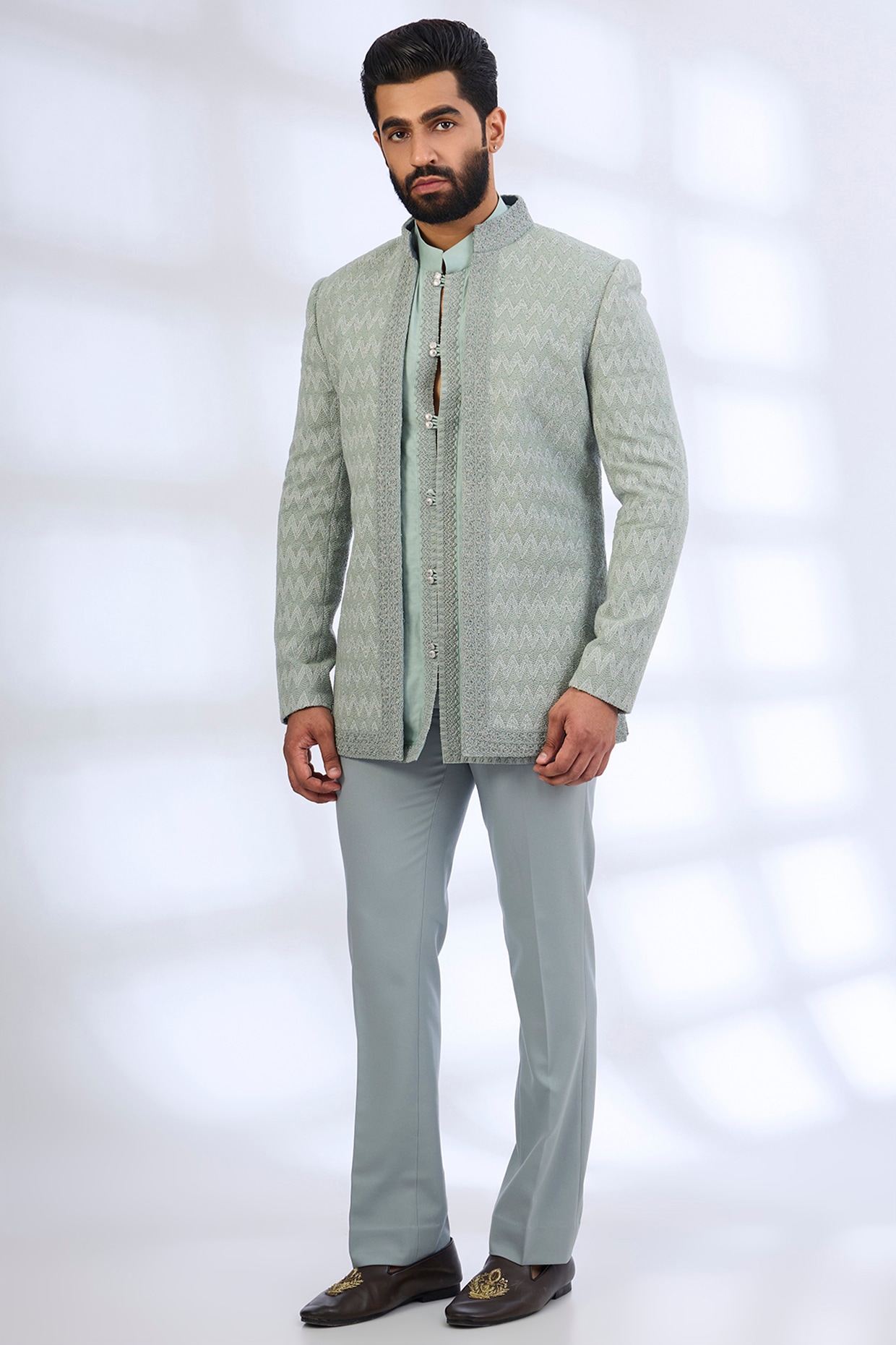 AMIT ARORA Sage Green Silk Indowestern Set