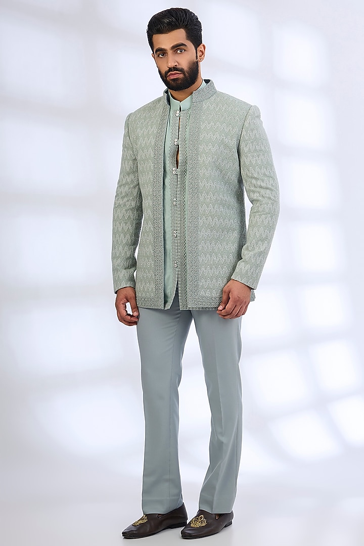 Sage Green Silk Groom Indowestern Set by AMIT ARORA at Pernia's Pop Up Shop