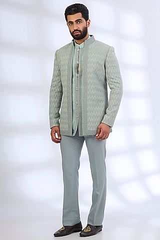 Sage Green Silk Indowestern Set by AMIT ARORA