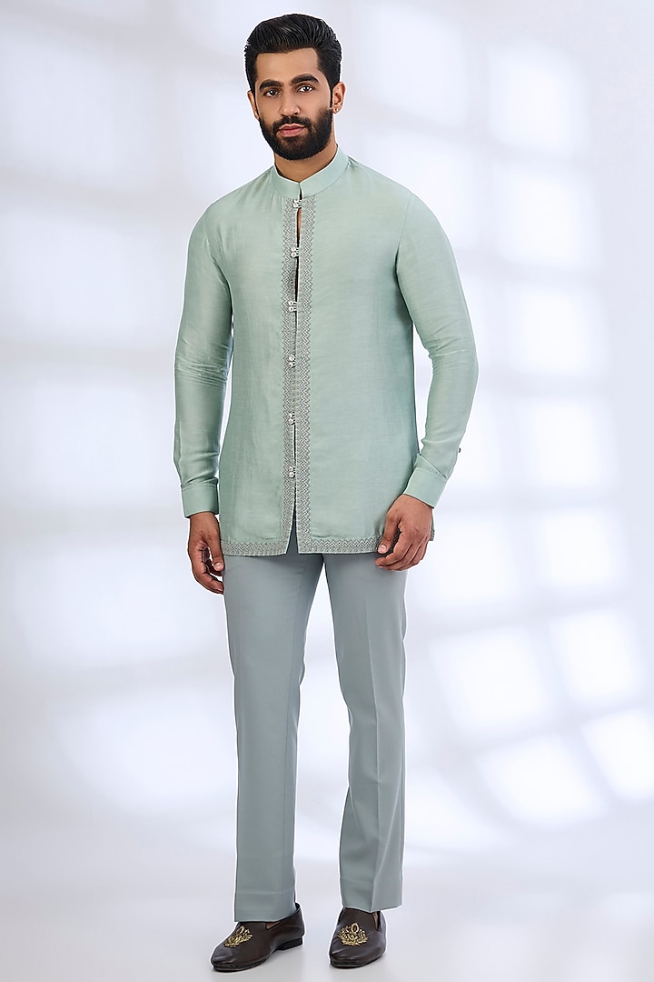 Sage Green Silk Groom Indowestern Set by AMIT ARORA at Pernia's Pop Up Shop