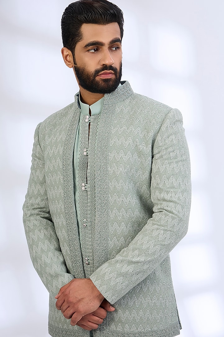 Sage Green Silk Groom Indowestern Set by AMIT ARORA at Pernia's Pop Up Shop