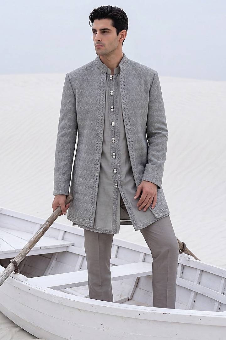 Sage Green Crochet Embroidered Groom Indowestern Set by AMIT ARORA at Pernia's Pop Up Shop