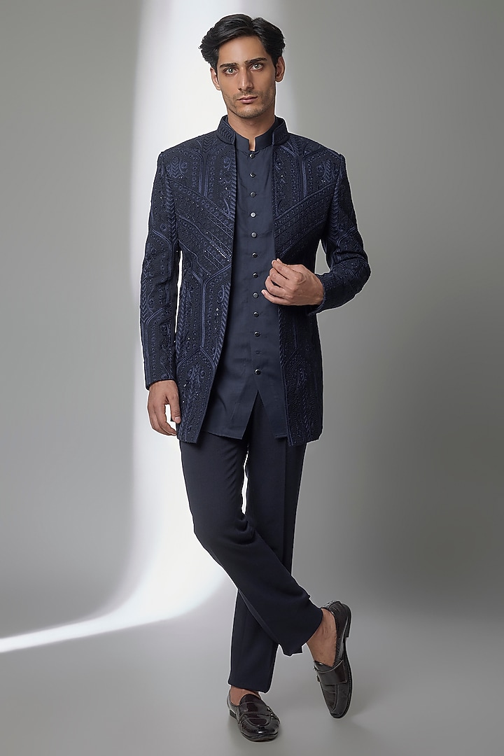 Navy Blue Silk Groom Indowestern Set by AMIT ARORA at Pernia's Pop Up Shop