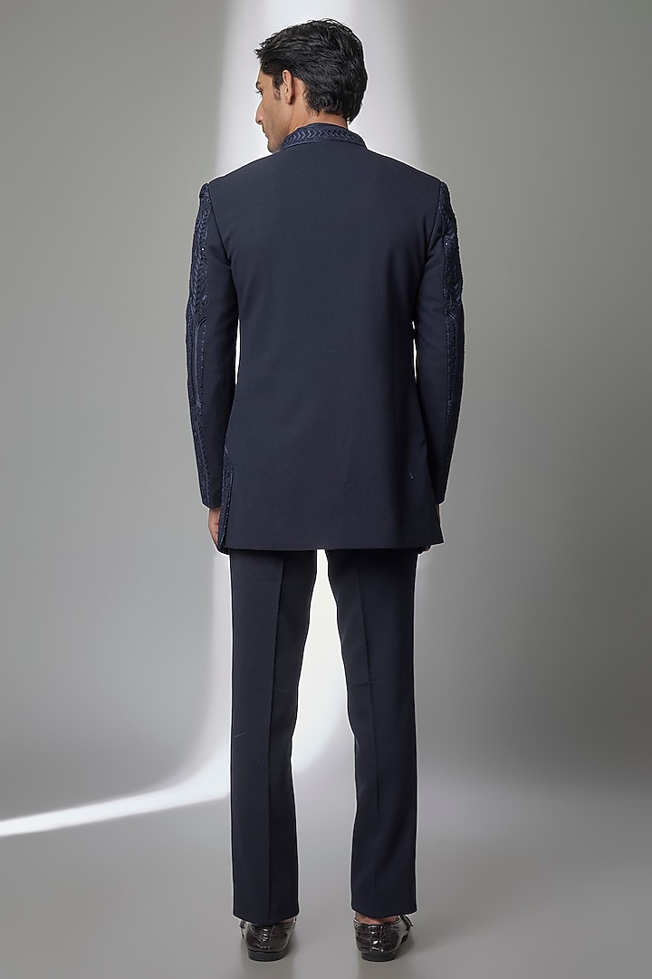 Navy Blue Silk Groom Indowestern Set by AMIT ARORA at Pernia's Pop Up Shop