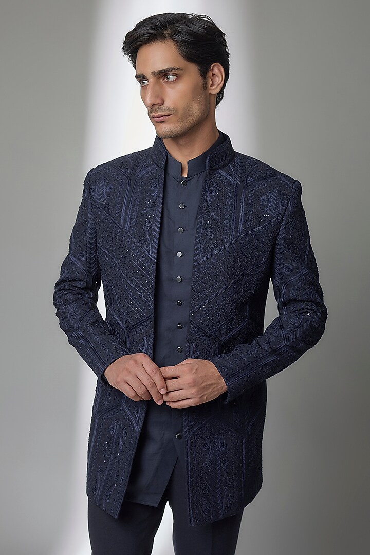 Navy Blue Silk Groom Indowestern Set by AMIT ARORA at Pernia's Pop Up Shop