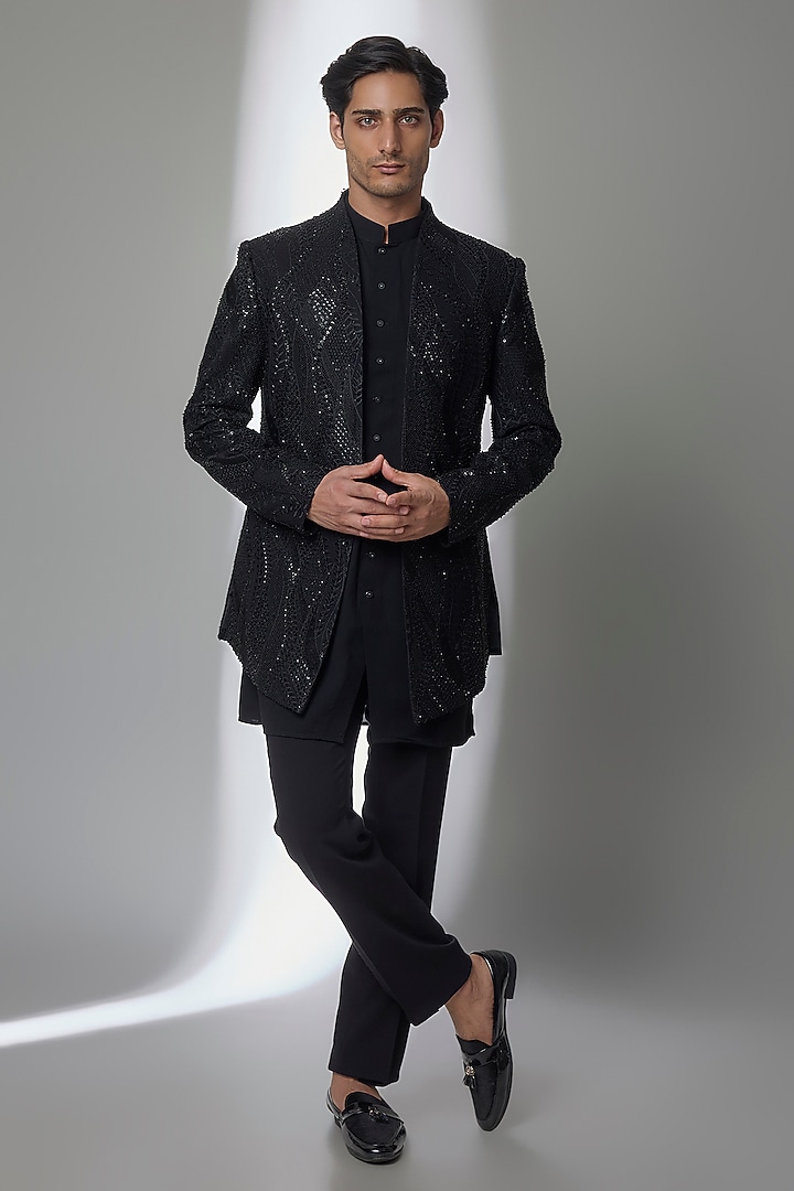 Black Silk Groom Indowestern Set by AMIT ARORA at Pernia's Pop Up Shop