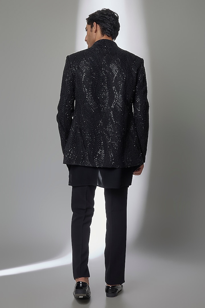 Black Silk Groom Indowestern Set by AMIT ARORA at Pernia's Pop Up Shop