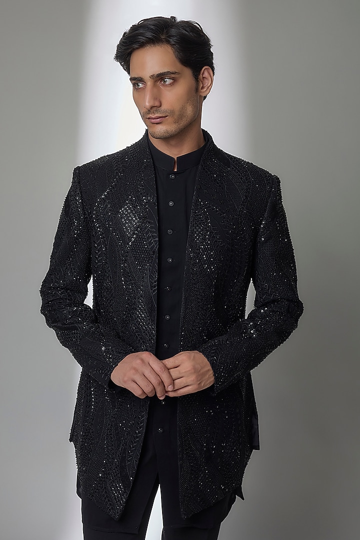 Black Silk Groom Indowestern Set by AMIT ARORA at Pernia's Pop Up Shop