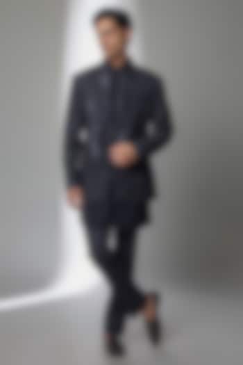 Navy Blue Silk Groom Indowestern Set by AMIT ARORA at Pernia's Pop Up Shop