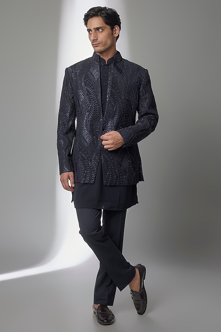 Navy Blue Silk Groom Indowestern Set by AMIT ARORA at Pernia's Pop Up Shop