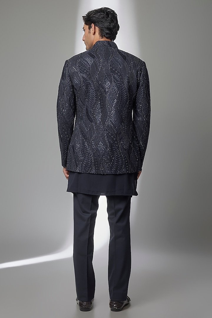 Navy Blue Silk Groom Indowestern Set by AMIT ARORA at Pernia's Pop Up Shop