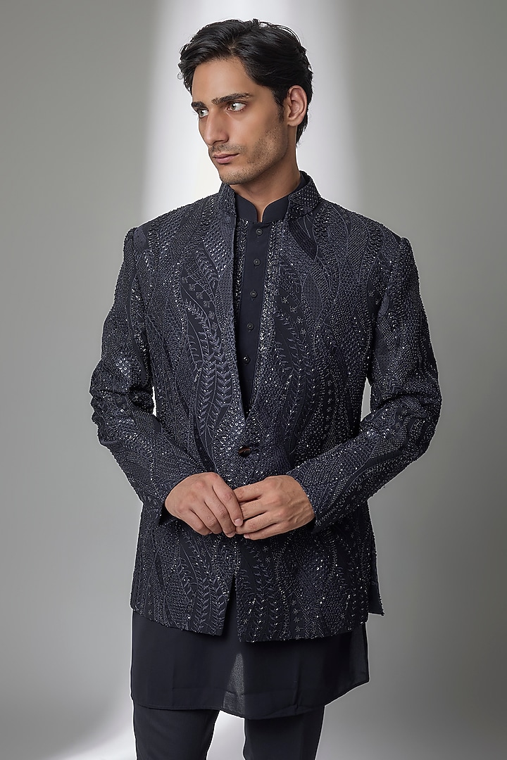 Navy Blue Silk Groom Indowestern Set by AMIT ARORA at Pernia's Pop Up Shop