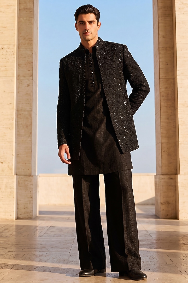 Black Textured Knit Embroidered Groom Indowestern Set by AMIT ARORA at Pernia's Pop Up Shop
