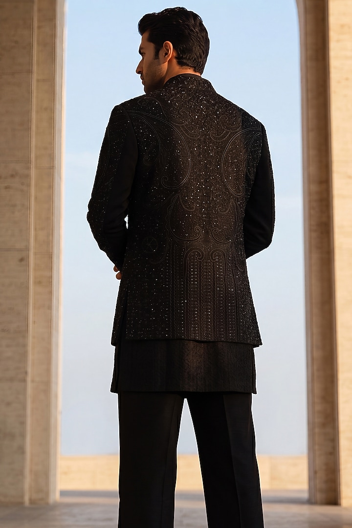 Black Textured Knit Embroidered Groom Indowestern Set by AMIT ARORA at Pernia's Pop Up Shop