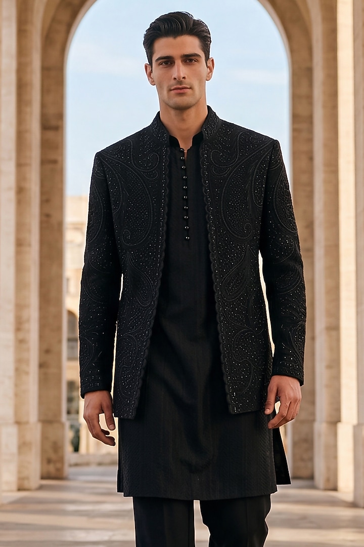 Black Textured Knit Embroidered Groom Indowestern Set by AMIT ARORA at Pernia's Pop Up Shop