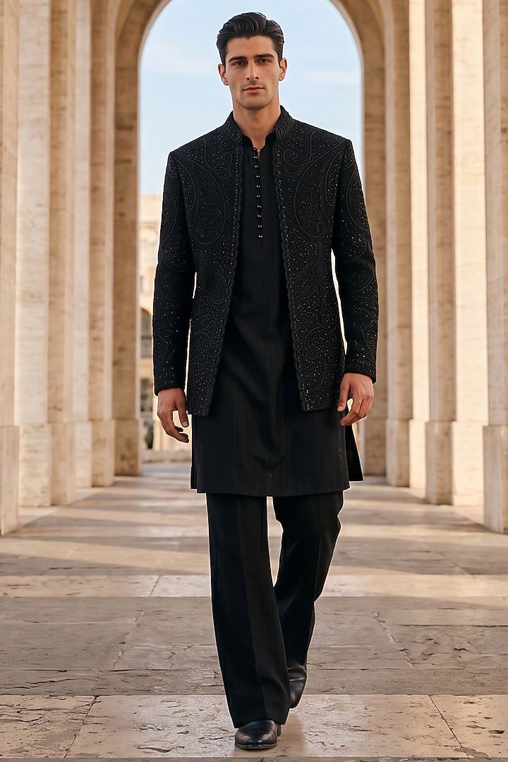 Black Textured Knit Embroidered Groom Indowestern Set by AMIT ARORA at Pernia's Pop Up Shop