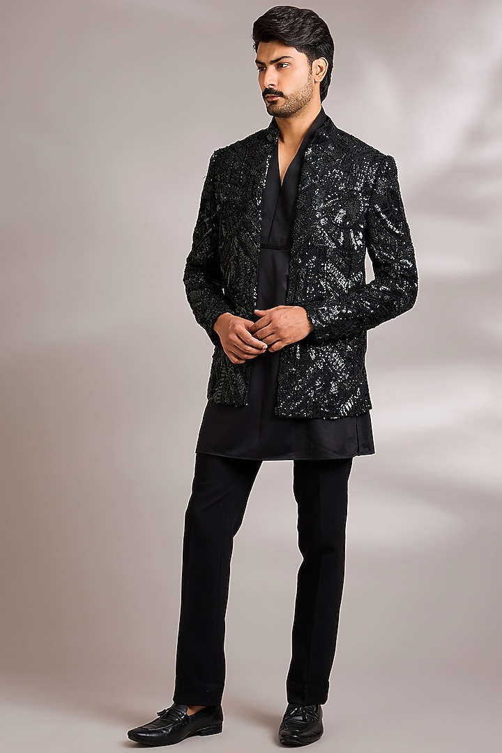 Black Silk Satin Indo-Western Set by AMIT ARORA at Pernia's Pop Up Shop