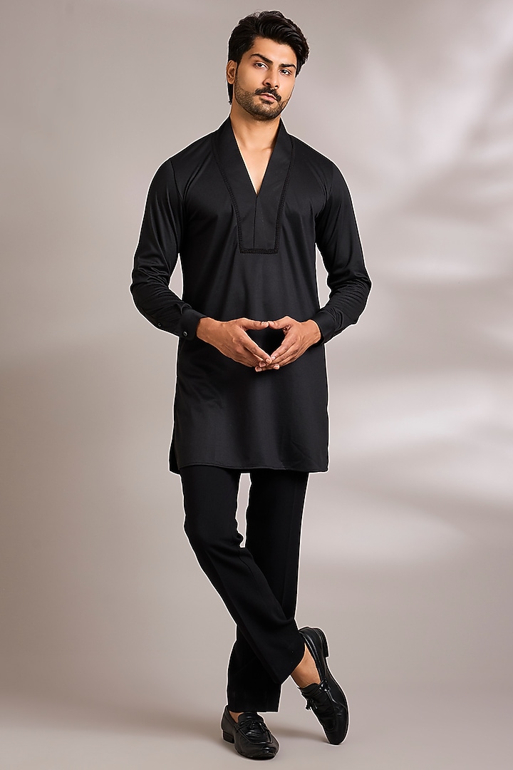 Black Silk Satin Indo-Western Set by AMIT ARORA at Pernia's Pop Up Shop