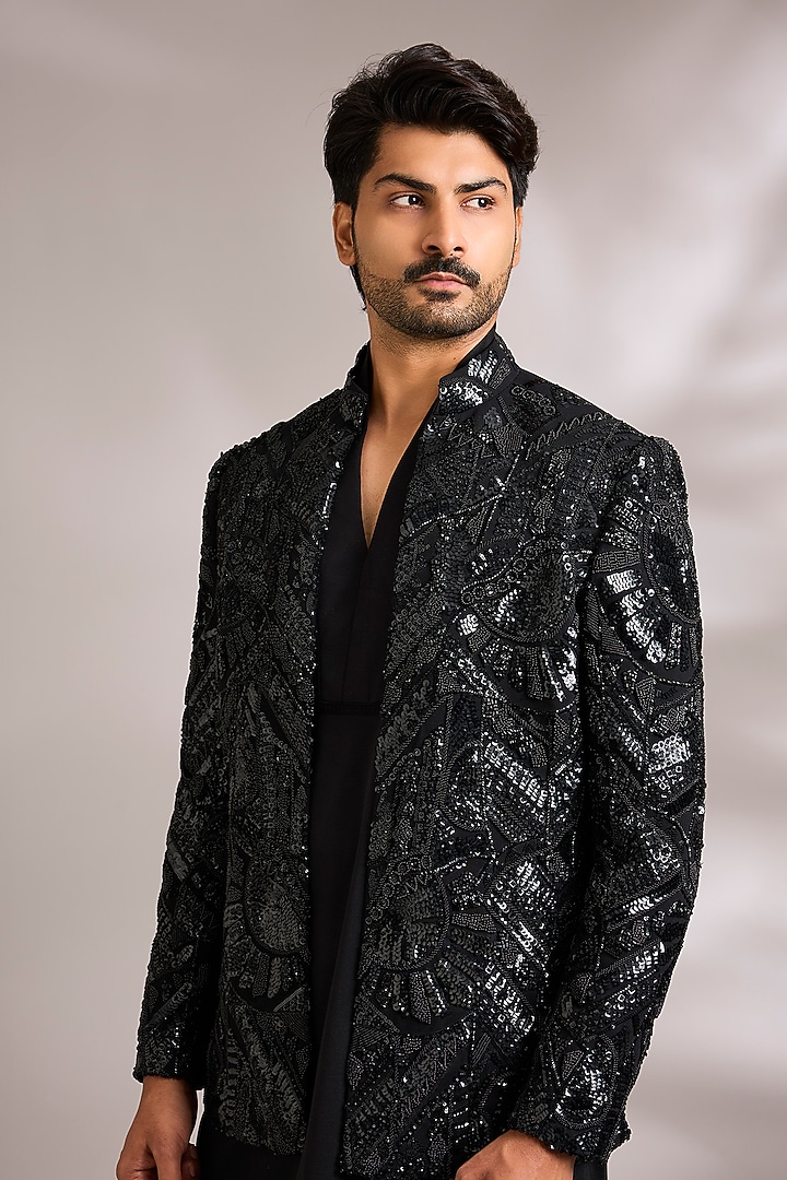 Black Silk Satin Indo-Western Set by AMIT ARORA at Pernia's Pop Up Shop