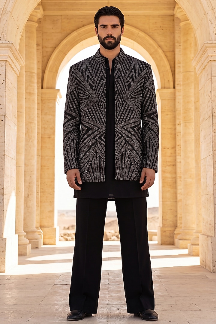 Black Knit Metallic Embroidered Groom Indowestern Set by AMIT ARORA at Pernia's Pop Up Shop