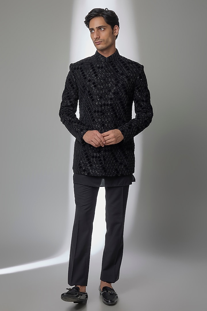 Black Silk Groom Indowestern Set by AMIT ARORA at Pernia's Pop Up Shop