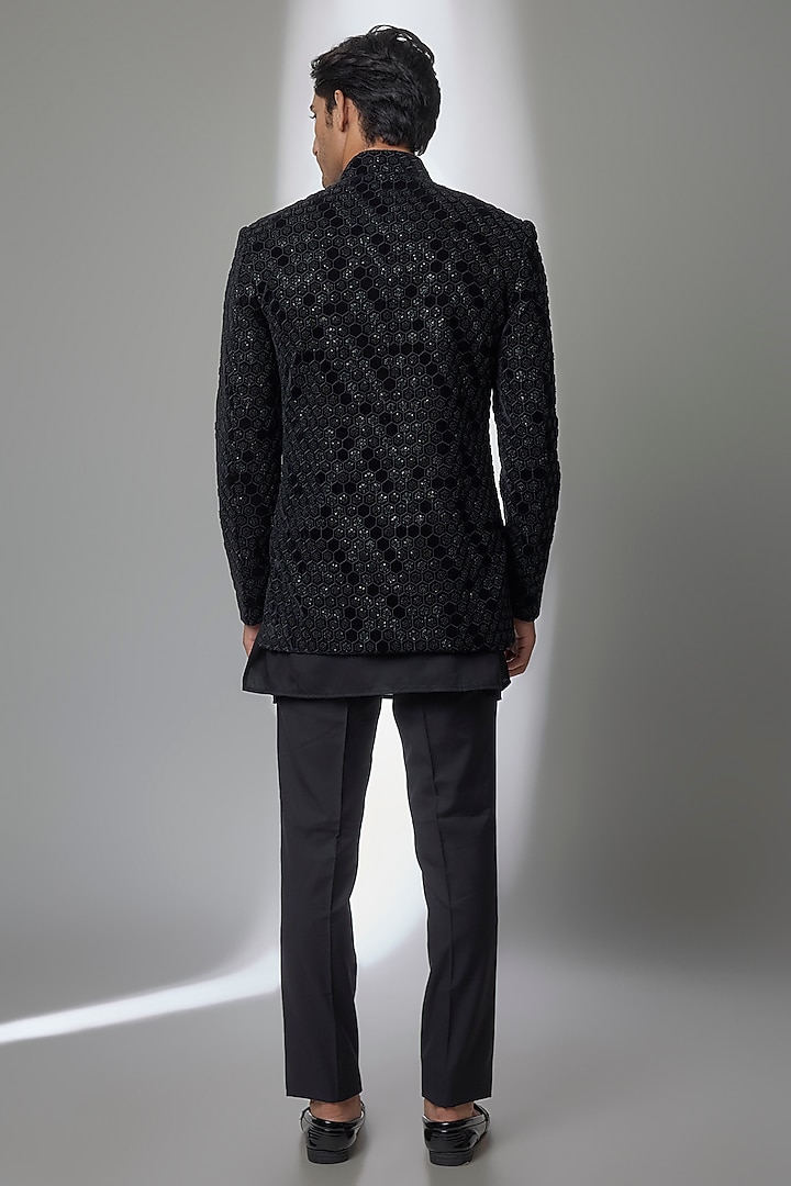 Black Silk Groom Indowestern Set by AMIT ARORA at Pernia's Pop Up Shop
