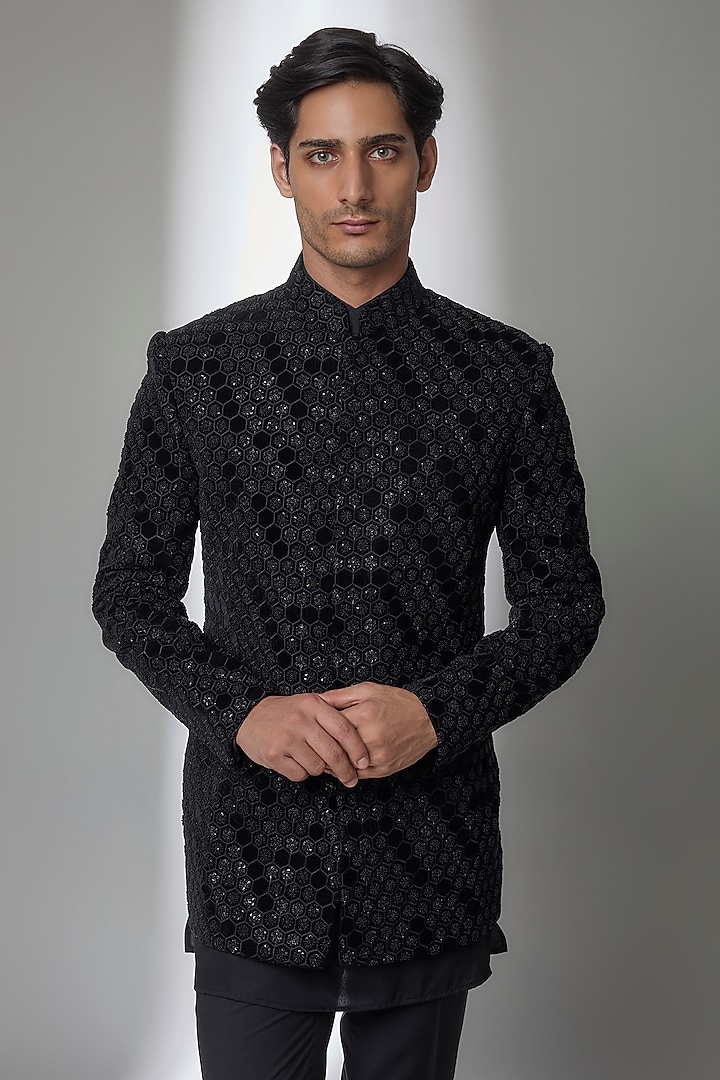 Black Silk Groom Indowestern Set by AMIT ARORA at Pernia's Pop Up Shop
