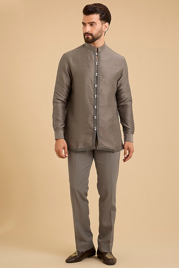 Olive Green Silk Groom Indowestern Set by AMIT ARORA at Pernia's Pop Up Shop