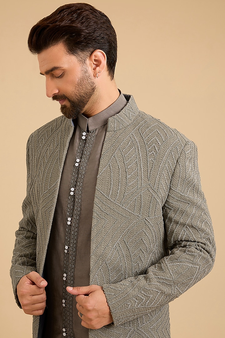 Olive Green Silk Groom Indowestern Set by AMIT ARORA at Pernia's Pop Up Shop