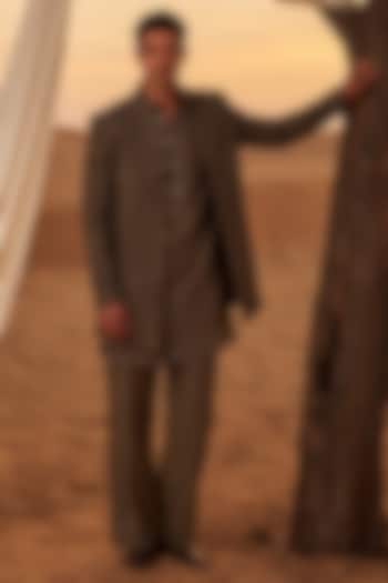Dark Olive Green Crochet Embroidered Groom Indowestern Set by AMIT ARORA at Pernia's Pop Up Shop